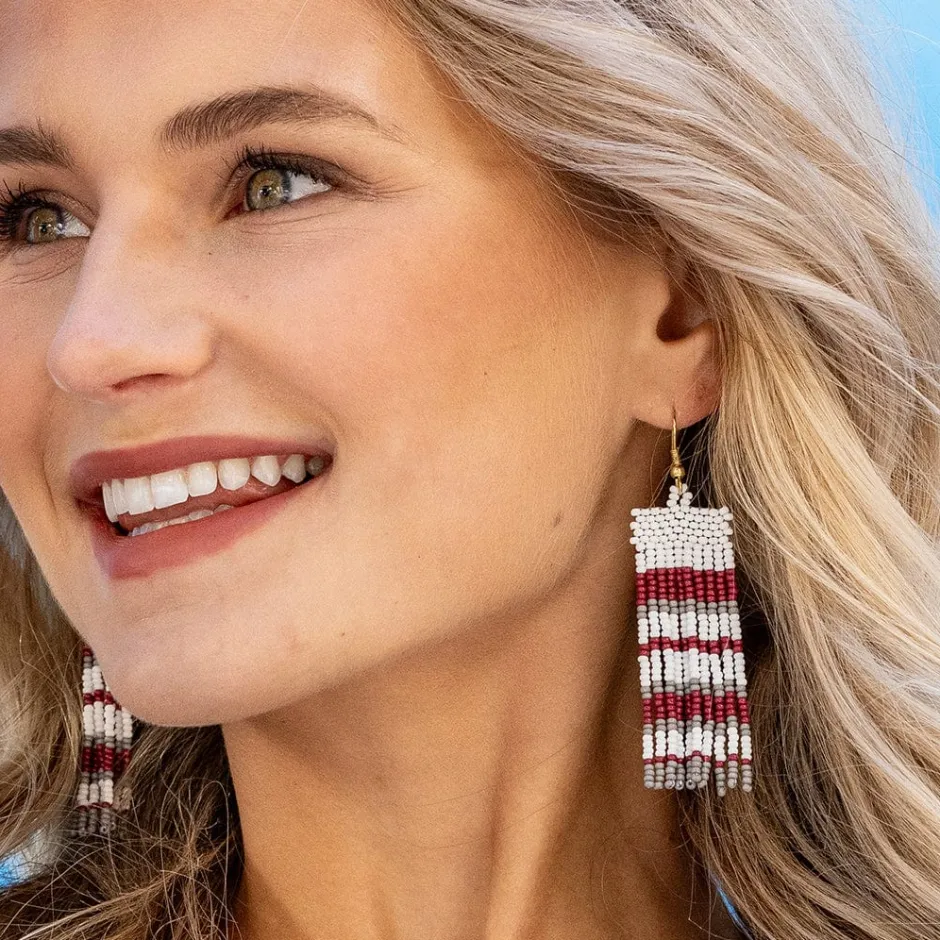 INK + ALLOY Adaline Game Day Horizontal Stripes Beaded Fringe Earrings Dark Red and Gray