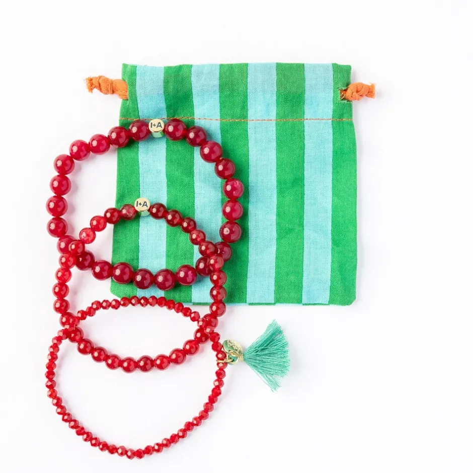 INK + ALLOY Addison Set Of 3 Stretch Bracelets Glass And Crystal With Bag Raspberry
