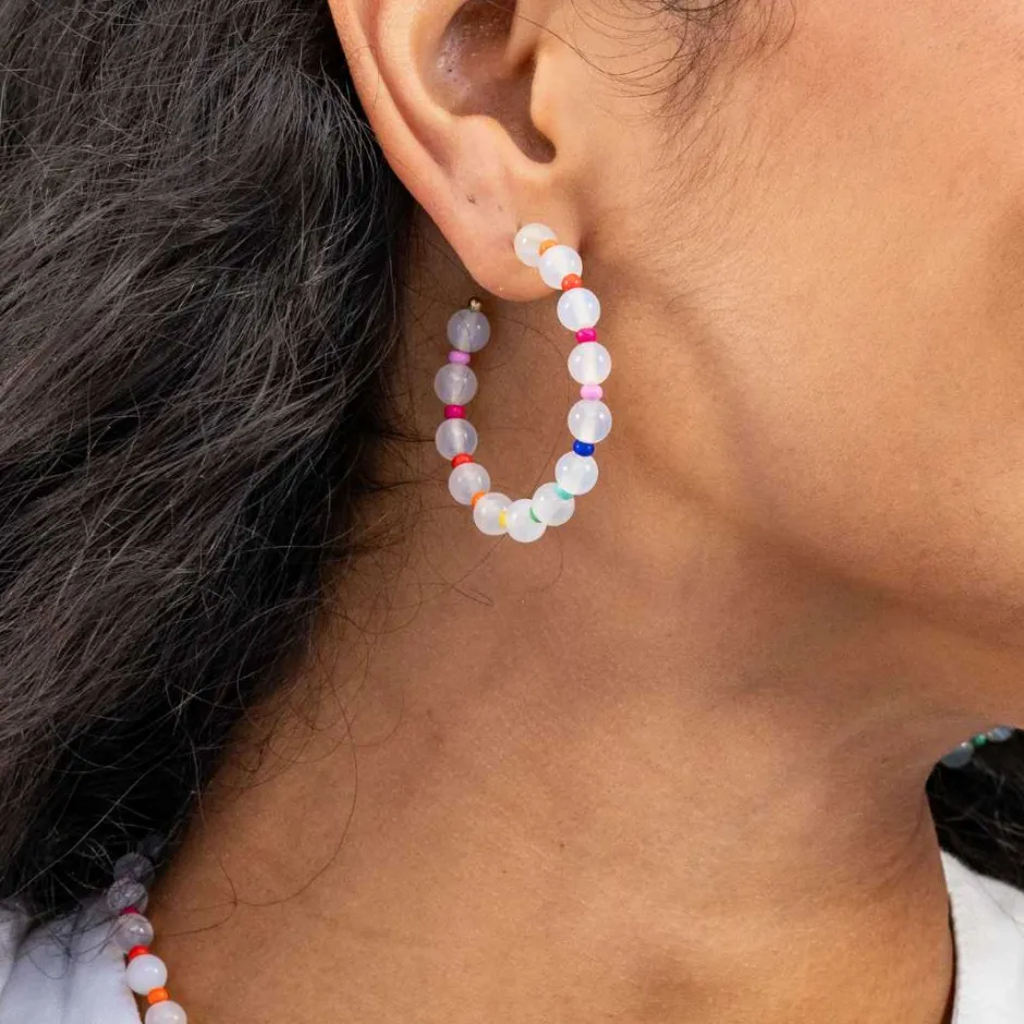 INK + ALLOY Angela Round Stones With Alternating Seed Bead Hoop Earrings White