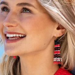INK + ALLOY Billie Game Day Mixed Horizontal Stripes Beaded Fringe Earrings Bright Red and Black