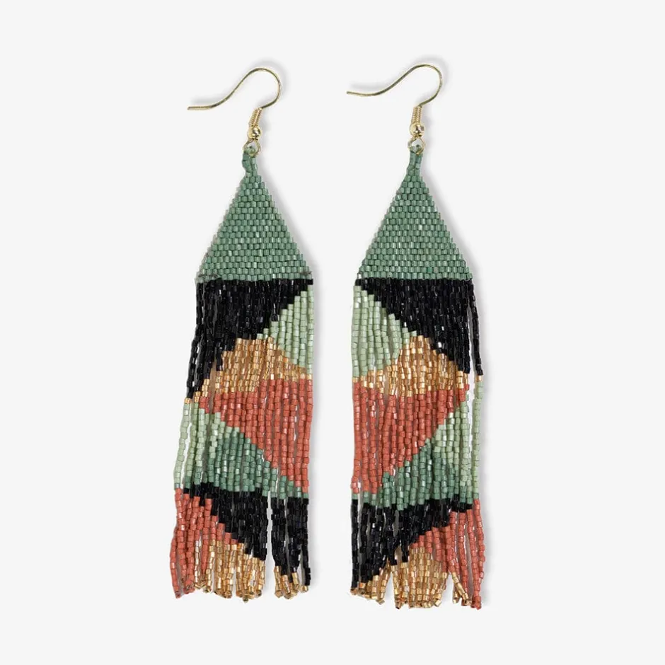 INK + ALLOY Brittany Mixed Triangles Beaded Fringe Earrings Greens + Rust