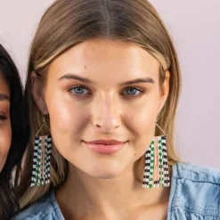 INK + ALLOY Brooke Two-Tone Checked Border Beaded Fringe Earrings St. Tropez
