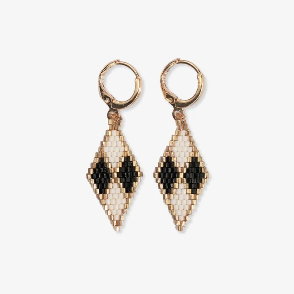 INK + ALLOY Carmen Mini Gold Hoop Diamond Pattern Beaded Drop Earrings Black/White