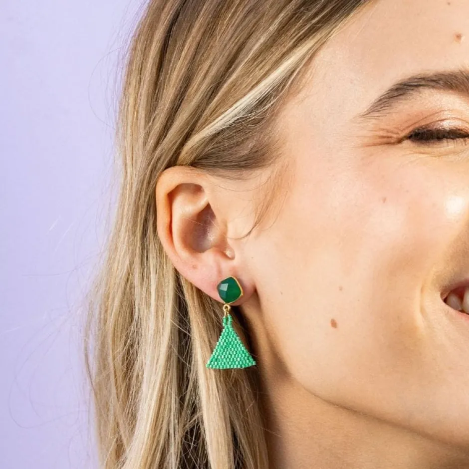 INK + ALLOY Celia Small Triangle Drop With Semi-Precious Stone Post Earrings Kelly Green