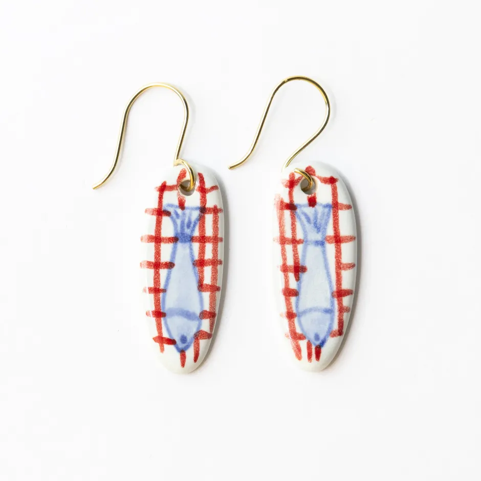 INK + ALLOY Danielle Oval Ceramic Earring With Fish And Red Plaid