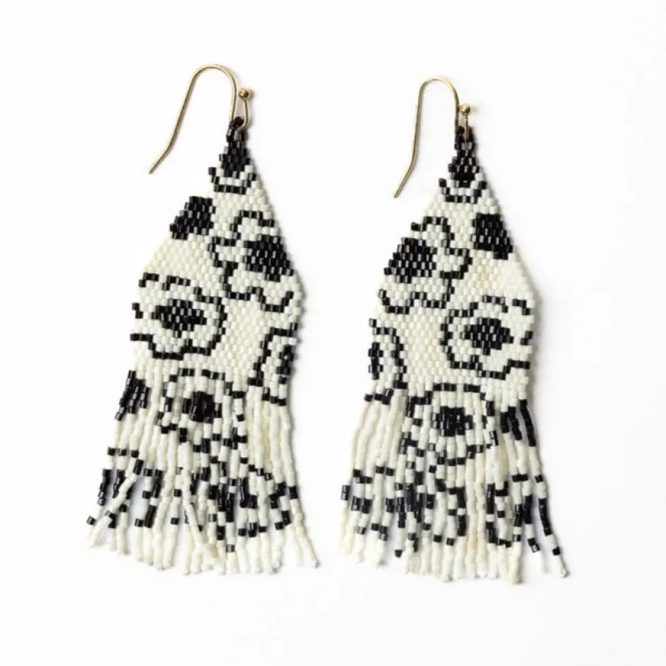 INK + ALLOY Delilah Poppies Beaded Fringe Earrings Ivory/Black