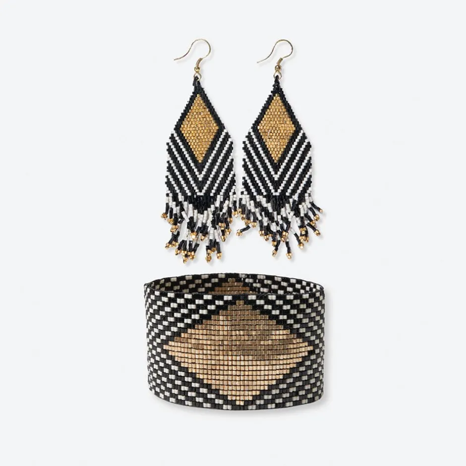 INK + ALLOY Dottie + Brooklyn diamond and angles beaded earrings and bracelet set Black/White