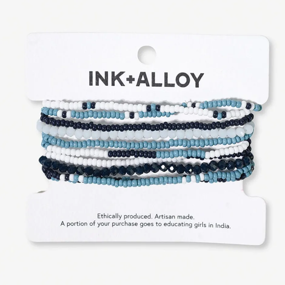 INK + ALLOY Game Day Color Block Beaded 10 Strand Stretch Bracelets Navy + Light Blue