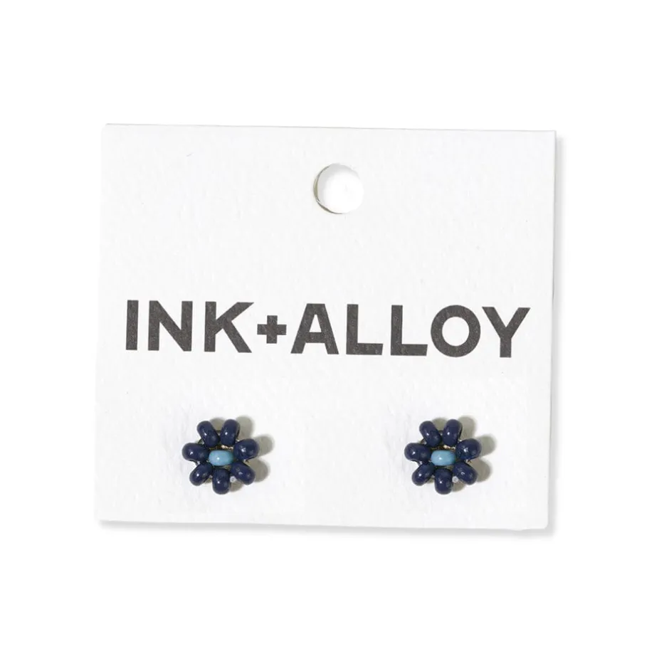 INK + ALLOY Game Day Flower Two Color Beaded Post Earrings Navy + Light Blue