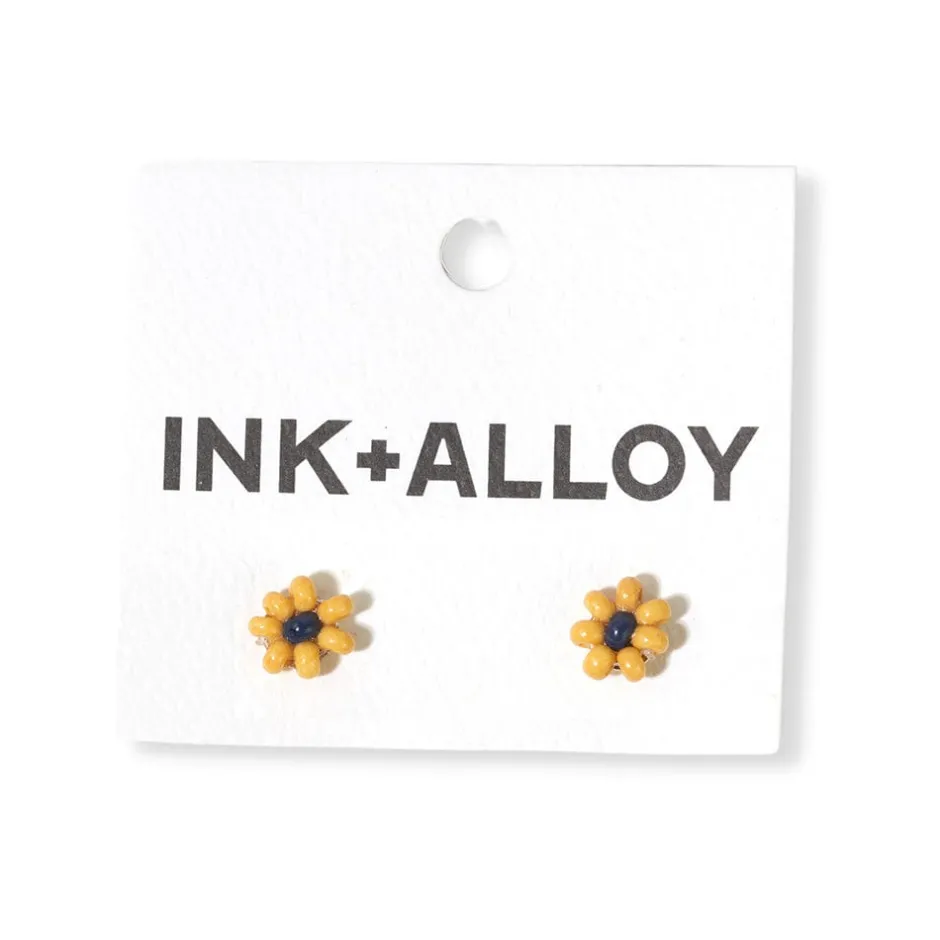 INK + ALLOY Game Day Flower Two Color Beaded Post Earrings Yellow + Navy