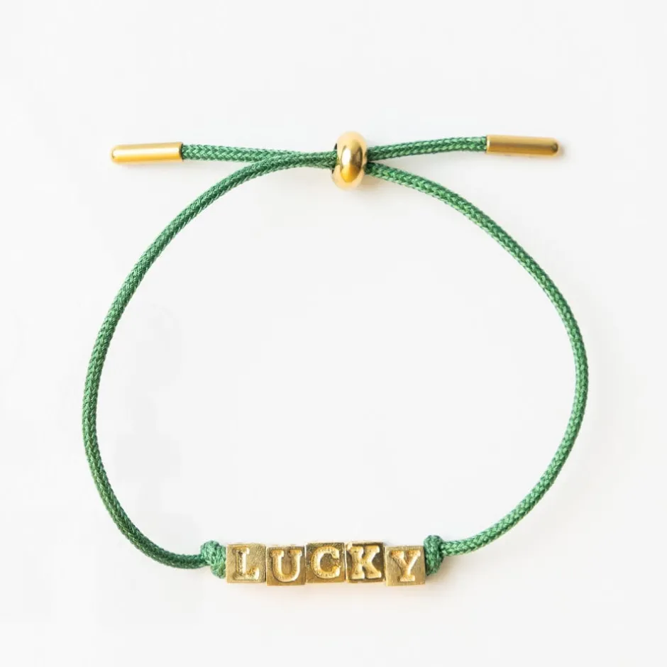 INK + ALLOY Goldie Green Lurex Cord With Brass Letters Adjustable Lucky
