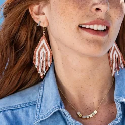 INK + ALLOY Haley Game Day Stacked Triangle Beaded Fringe Earrings Burnt Orange and White