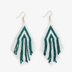 INK + ALLOY Haley Game Day Stacked Triangle Beaded Fringe Earrings Dark Green and White