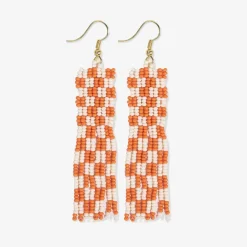 INK + ALLOY Harriet Woven Top Gingham Beaded Fringe Earrings Orange