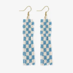 INK + ALLOY Harriet Woven Top Gingham Beaded Fringe Earrings Light Blue