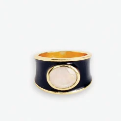 INK + ALLOY Hazel Oval Stone With Enamel Band Ring Black/Clear- Size 7