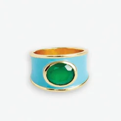INK + ALLOY Hazel Oval Stone With Enamel Band Ring Light Blue/Green- Size 8