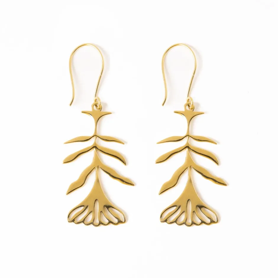INK + ALLOY Ingrid Botanical Abstract Floral Leaf Drop Earrings Brass