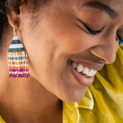 INK + ALLOY James Mini Gold Hoop Horizontal Stripes Beaded Fringe Earrings Muted