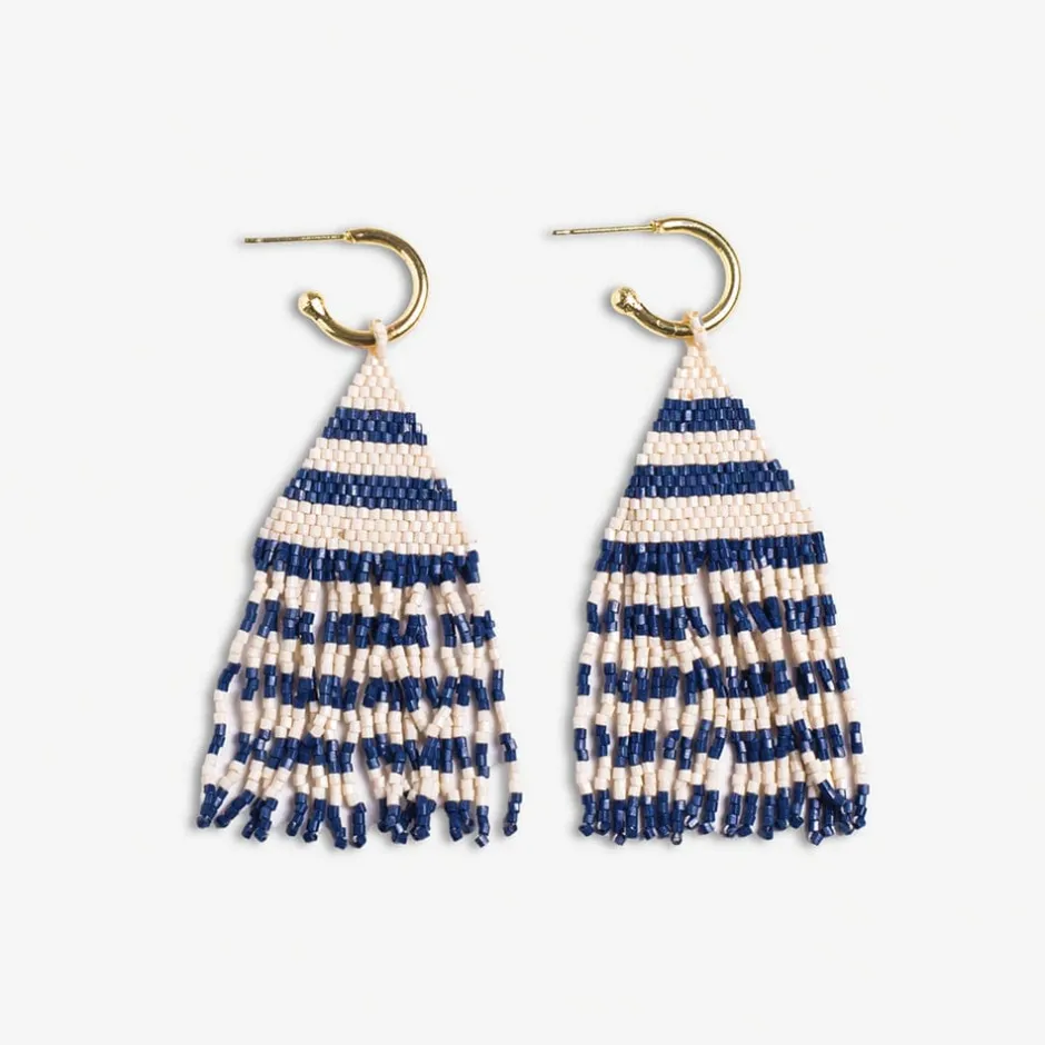 INK + ALLOY James Mini Gold Hoop Two Tone Stripes Beaded Fringe Earrings Navy
