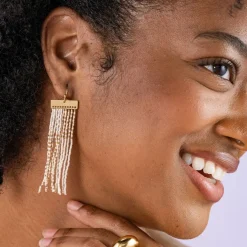 INK + ALLOY Lana Rectangle Hanger Colorblocks With Stripes Beaded Fringe Earrings Ivory/Gold