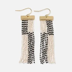 INK + ALLOY Lana Rectangle Hanger Colorblocks With Stripes Beaded Fringe Earrings Black/White