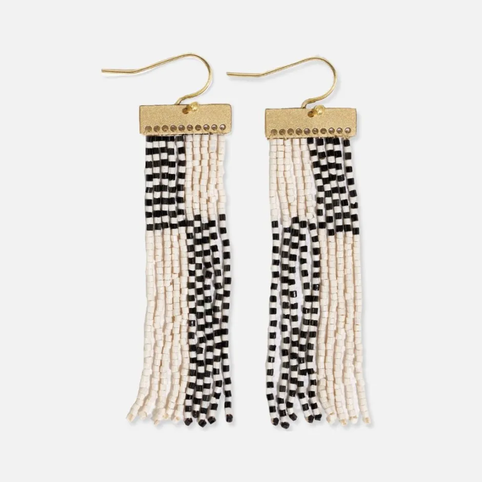 INK + ALLOY Lana Rectangle Hanger Colorblocks With Stripes Beaded Fringe Earrings Black/White