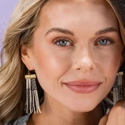 INK + ALLOY Lana Rectangle Hanger Colorblocks With Stripes Beaded Fringe Earrings Black/White
