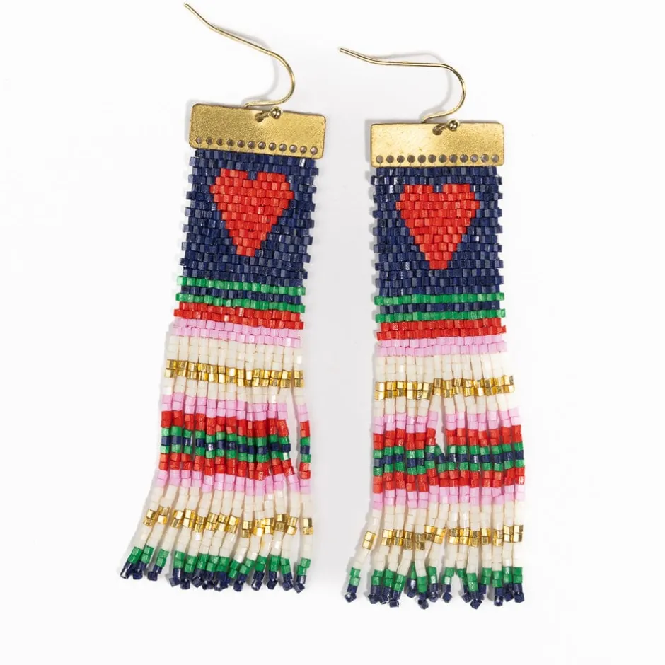 INK + ALLOY Lauren Stripe Heart Beaded Earrings Navy Red