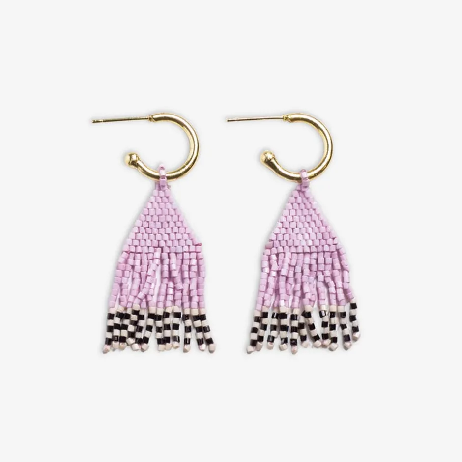 INK + ALLOY Leta Mini Gold Hoop Solid With Black/White Bottom Beaded Fringe Earrings Light Lavender