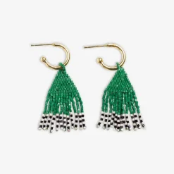 INK + ALLOY Leta Mini Gold Hoop Solid With Black/White Bottom Beaded Fringe Earrings Kelly Green