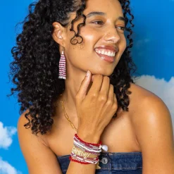 INK + ALLOY Lexie Game Day Horizontal Stripes Beaded Fringe Earrings Dark Red and White