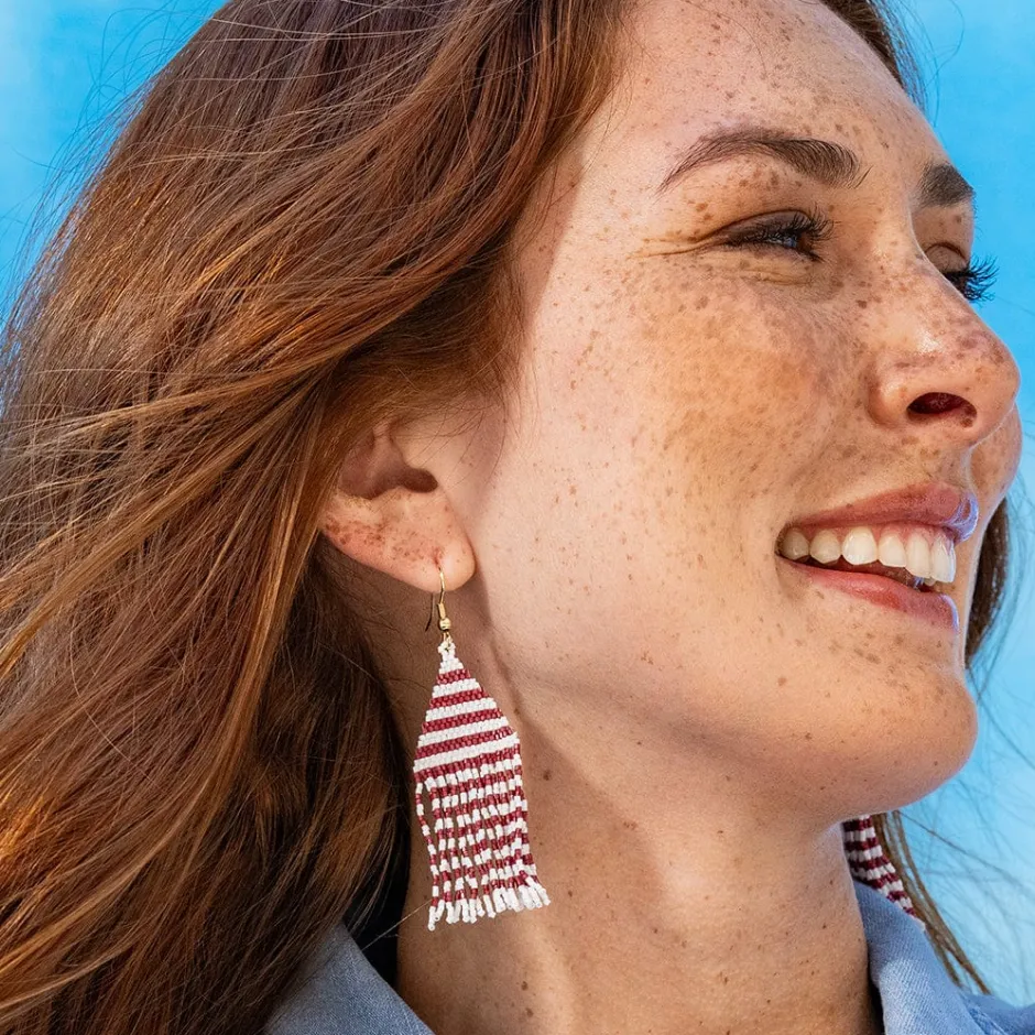INK + ALLOY Lexie Game Day Horizontal Stripes Beaded Fringe Earrings Dark Red and White