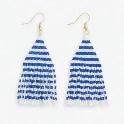 INK + ALLOY Lexie Game Day Horizontal Stripes Beaded Fringe Earrings Blue and White