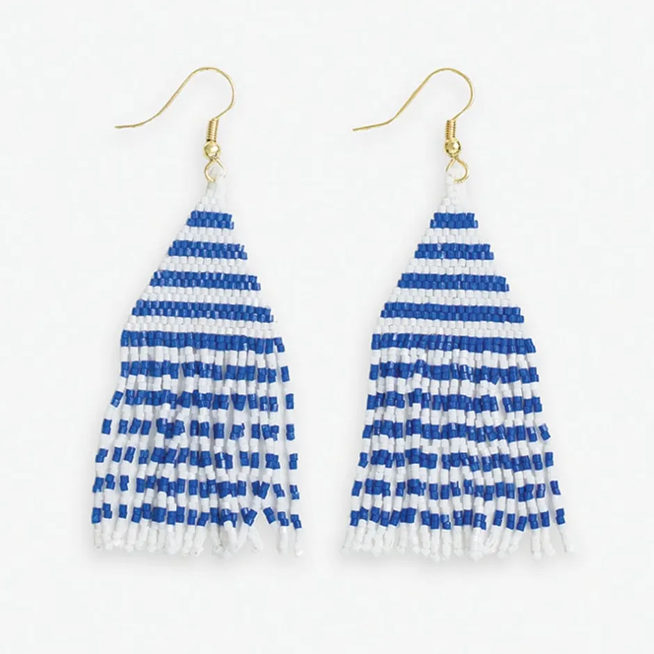 INK + ALLOY Lexie Game Day Horizontal Stripes Beaded Fringe Earrings Blue and White