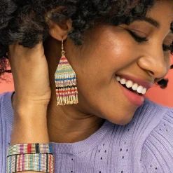 INK + ALLOY Lexie Horizontal Gold Stripes Beaded Fringe Earrings Multicolor