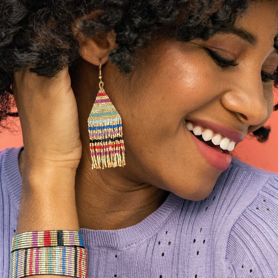 INK + ALLOY Lexie Horizontal Gold Stripes Beaded Fringe Earrings Multicolor