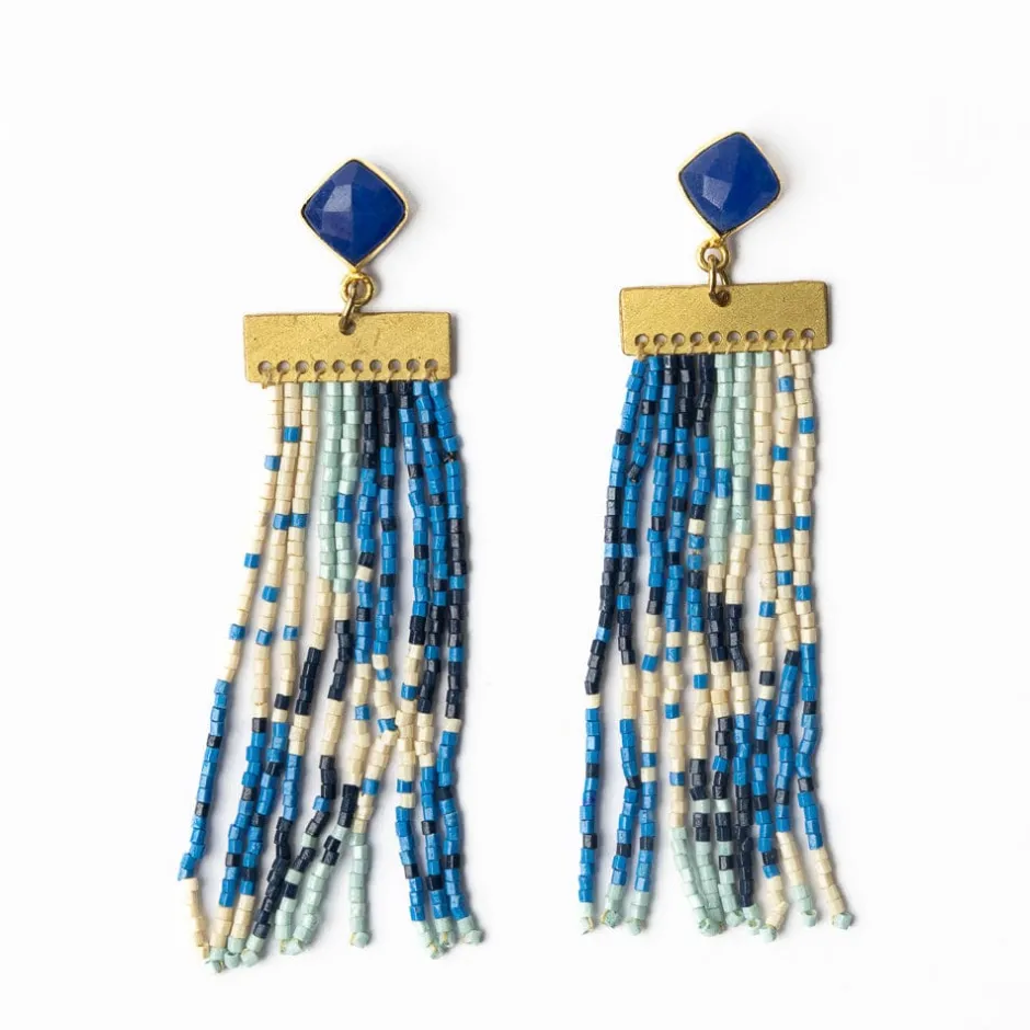 INK + ALLOY Lilah Semi-Precious Stone Post Beaded Fringe Earrings Blue