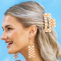 INK + ALLOY Lola Game Day Checked Beaded Hair Claw Clip Orange and White