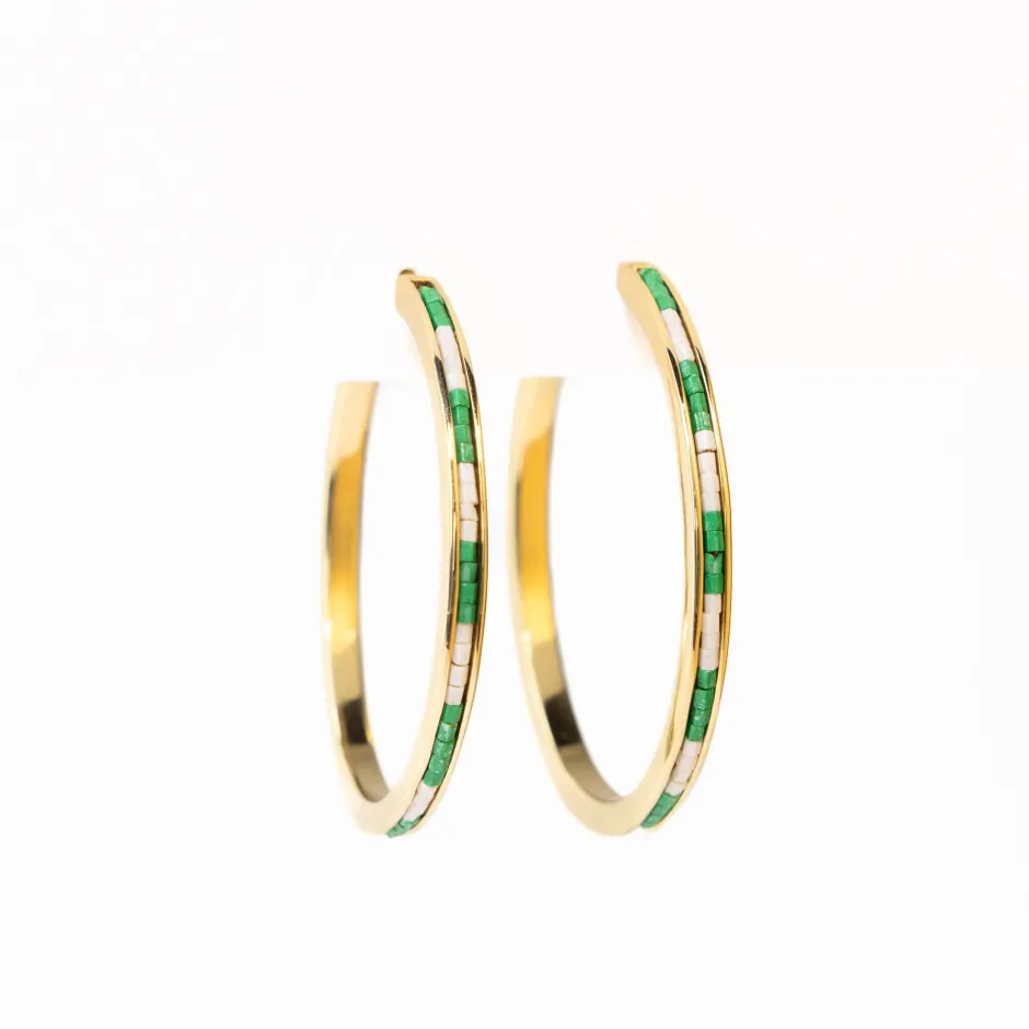 INK + ALLOY Lulu Hoop Earring Brass With Chanel Of Seed Bead Kelly Green