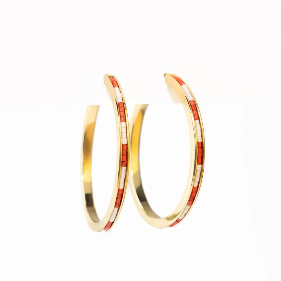 INK + ALLOY Lulu Hoop Earring Brass With Chanel Of Seed Bead Red