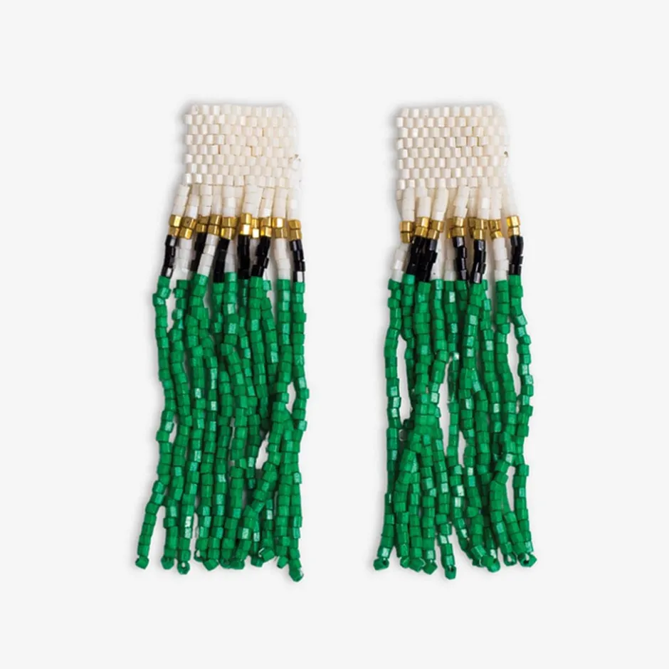 INK + ALLOY Marilyn Colorblock With Center Vertical Black Stripes Fringe Earrings Kelly Green