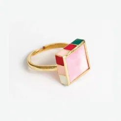 INK + ALLOY Marlowe Square Stone With Colorblock Enamel Border Ring Blush