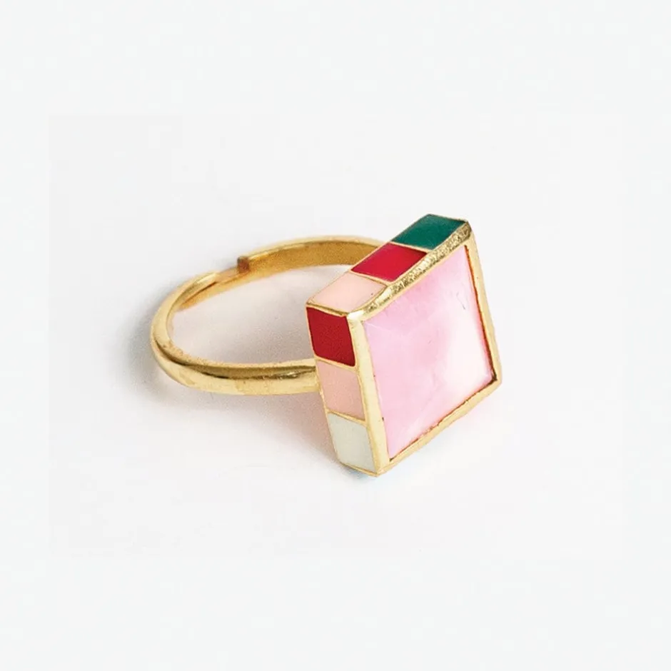 INK + ALLOY Marlowe Square Stone With Colorblock Enamel Border Ring Blush