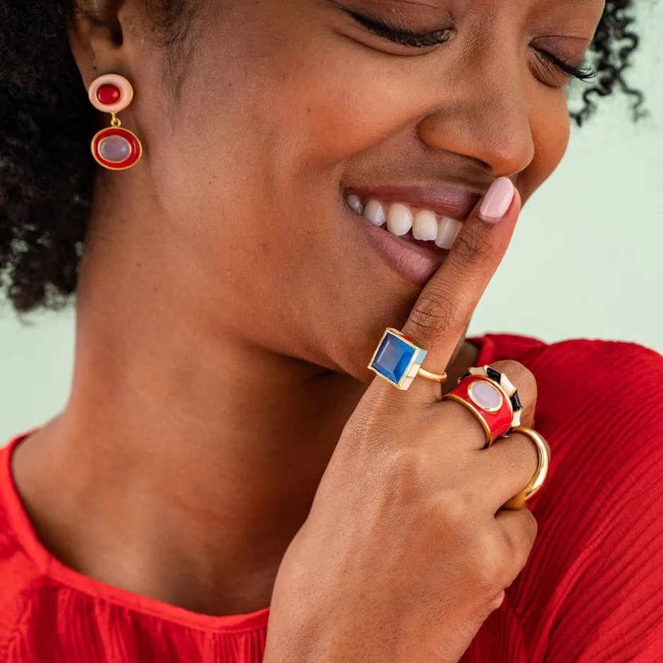 INK + ALLOY Marlowe Square Stone With Colorblock Enamel Border Ring Blush