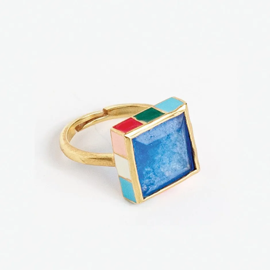 INK + ALLOY Marlowe Square Stone With Colorblock Enamel Border Ring Light Blue