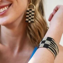 INK + ALLOY Olive Checkered Beaded Stretch Bracelet Black