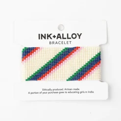 INK + ALLOY Penelope Stripe Diagonal Seed Bead Bracelet Ivory Navy Green Red
