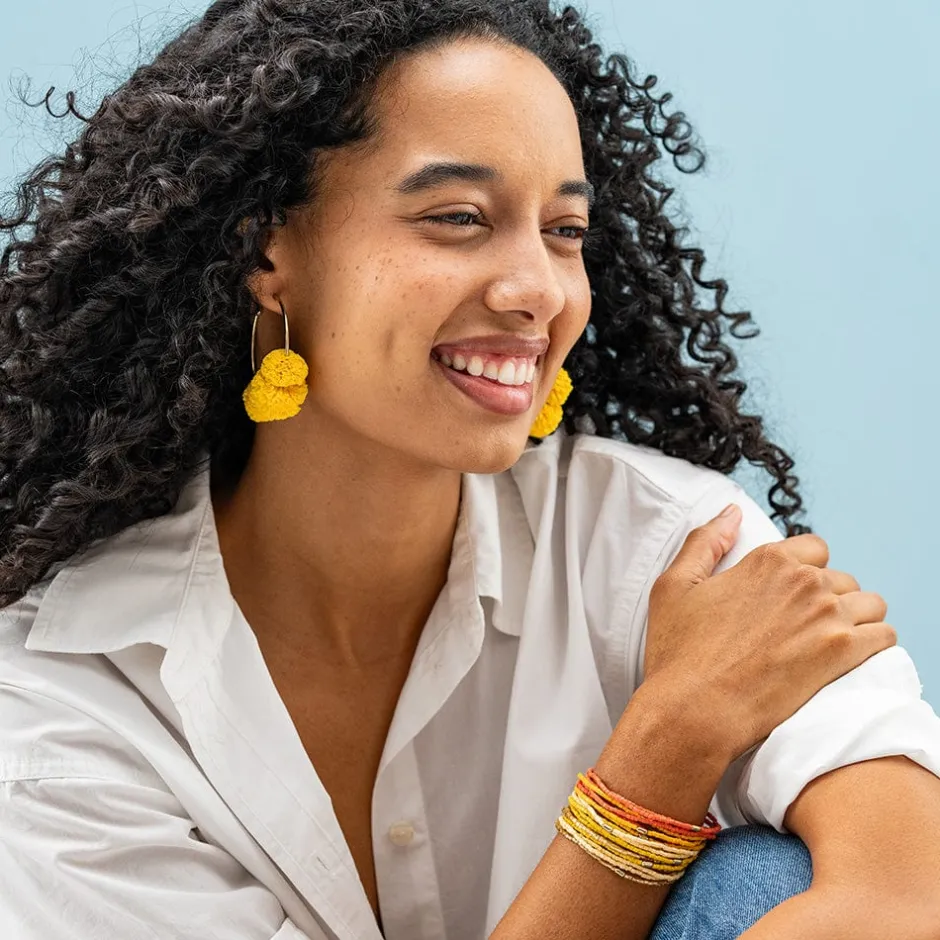 INK + ALLOY Rita Raffia Poms Hoop Earrings Yellow