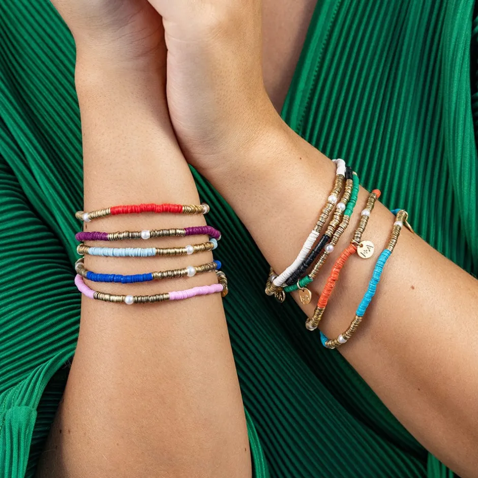 INK + ALLOY Rory Solid Color With Gold And Pearls Small Sequin Stretch Bracelet Kelly Green